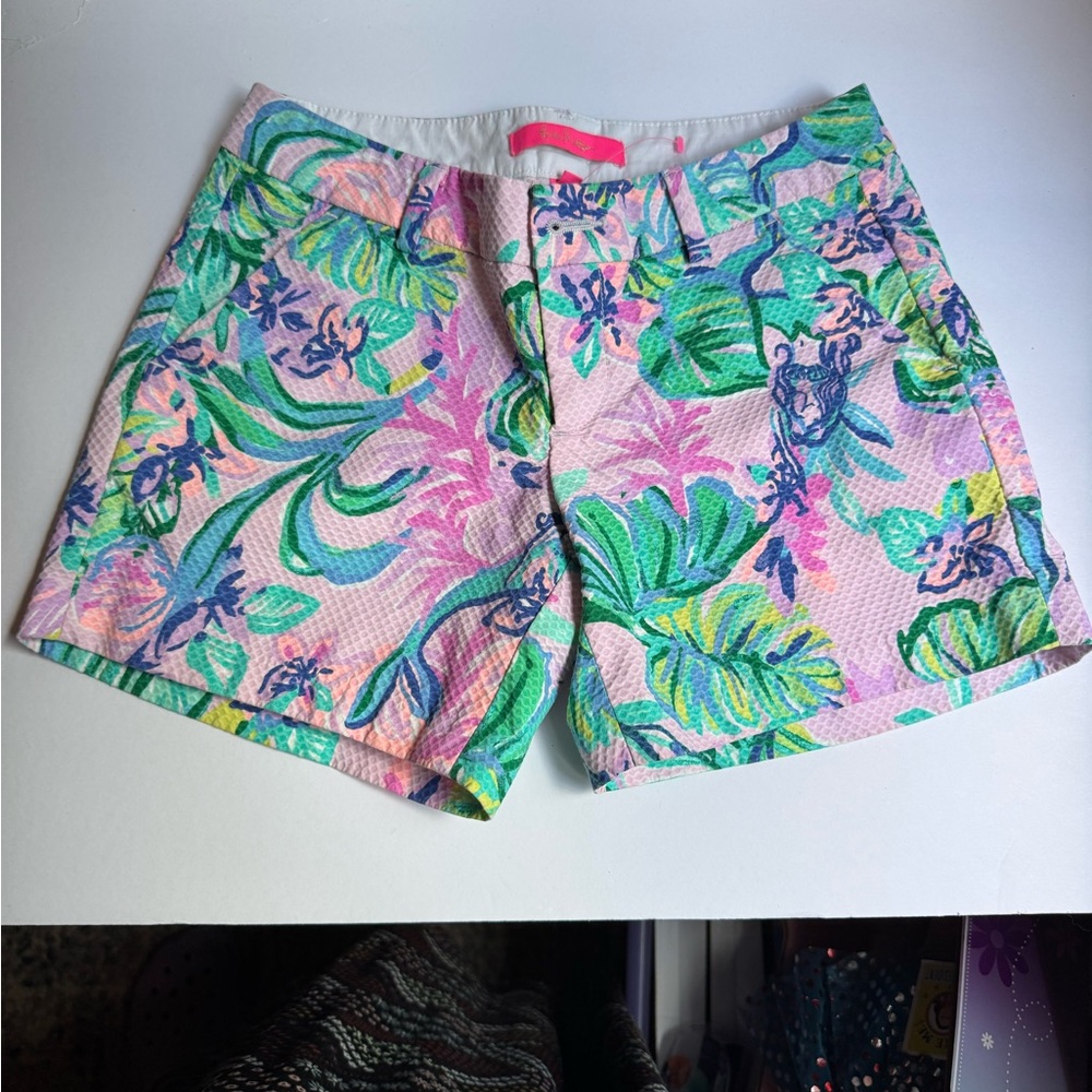 Lilly Pulitzer Pink and Green Bermuda Shorts Vibrant Tropical Style